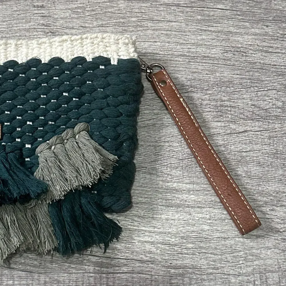 June + Rya Handwoven Boho Small Clutch Bag W/ Hand Strap Zippered Green Cotton